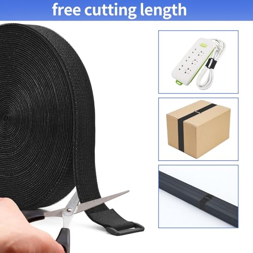 2In x 20Ft Cinch Straps Nylon Heavy Duty with 25 Buckles, Cut to Length, Black Hook and Loop Straps, Reusable Long Cable Ties for Storage and Cord Organizer - size: 2In x 20Ft Black