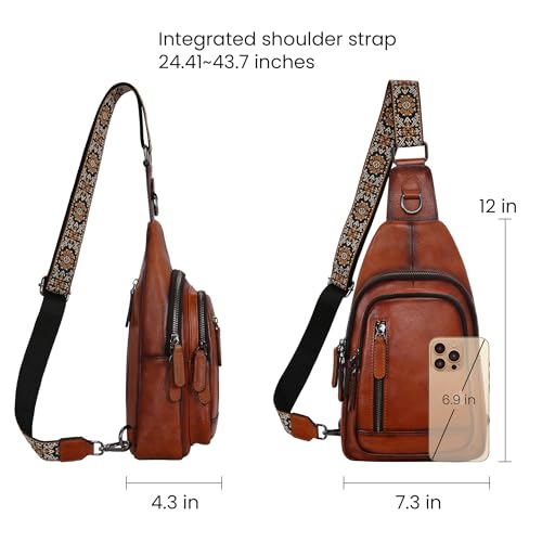 HESHE Leather Sling Bag for Women RFID Crossbody Purse Fanny Pack Chest Bag - color: Brown