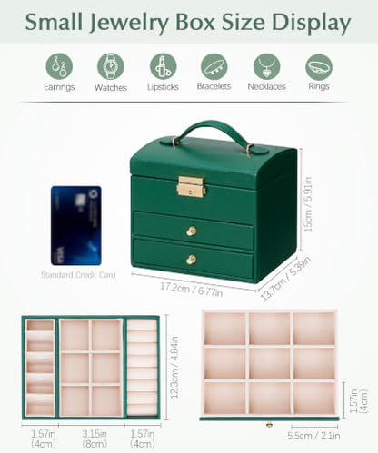 Homde Small Jewelry Box for Girls: 3-Layer Lockable Organizer (Green) - color: Midnight Green