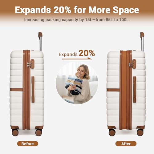 Kono Expandable 28 Inch Luggage with Spinner Wheels, Large Checked Luggage with Lock, Lightweight & Anti-Scratch PC+ABS Hardshell Travel Suitcase, White/Brown - color: White/Brown, size: Checked-large 28-inch