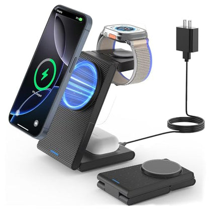 Wireless Charger Magnetic for Apple Devices - JoyGeek 3 in 1 Foldable Charging Station for Magsafe Compatible with iPhone 16 15 14 13 12 Pro Max Plus, Apple Watch 10 9 8 7 6 5 4 SE, AirPods 4/3/2/Pro - color: Dull Black