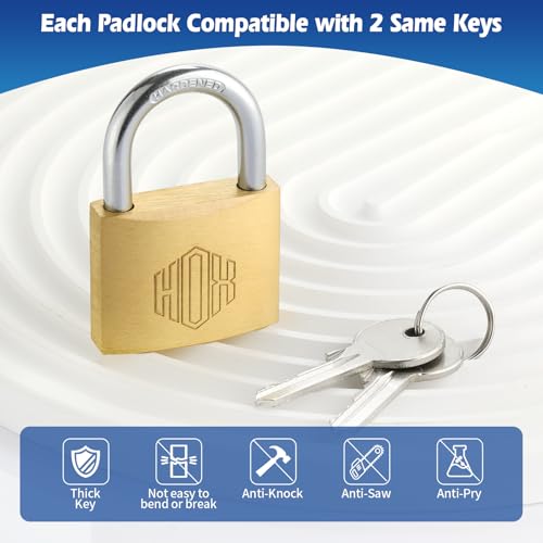 HOX Solid Brass Keyed-Alike Padlock, Hardened Steel Shackle, 40mm, 6-Pack - size: 40mm-6Pack