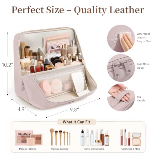 Travel Makeup Bag Standing Folding Leather Cosmetic Organizer with Handle - color: Dusty Pink, size: X-Large
