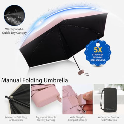 Compact Mini Windproof Travel Umbrella-UPF 50+ Sun & Rain Protection, Small Folding Design Fits in Pocket or Purse, Lightweight Portable with Case for Women, Men & Kids - color: Pink