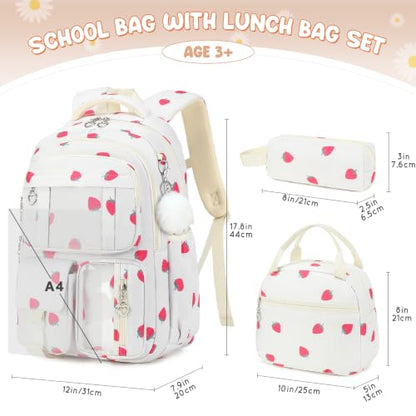 Backpack for Girls, Girls Backpack with Lunch Box & Pencil Case Set, 3PCS Kids Bookbag for Girl Teens, Waterproof School Backpack for Elementary Middle High School Students Ages 3-18 Strawberry - color: Strawberry Beige