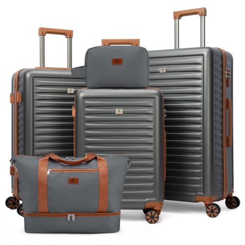 KUNEL Luggage Sets 5 Pcs suitcases with Wheels, 20/24/28Inch, Gray | ABS Hard Case Suitcases with Detachable Spinner Wheels, TSA-Approved Lock , Large Checked Travel Suitcases for Family - color: Gray
