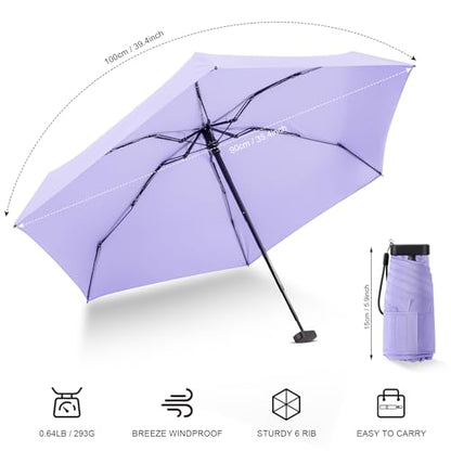 Mini Travel Umbrella Compact for Purse Lightweight Nano Waterproof for Rain - color: 0601.Light Purple