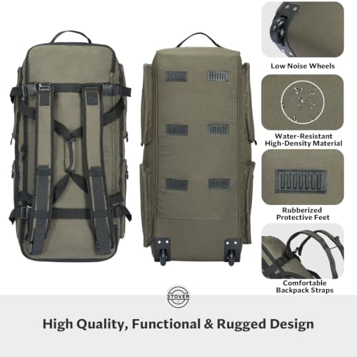 STOVER 45/80/100L U-Zip Rolling Duffel Bag with Wheels, X-Large Durable Travel Duffle + Toiletry Bag, Lay-Flat Opening, Packable w/Shoulder Straps- Use as Luggage or Backpack, Men/Women (Green) - color: U-Zip Voyager Green