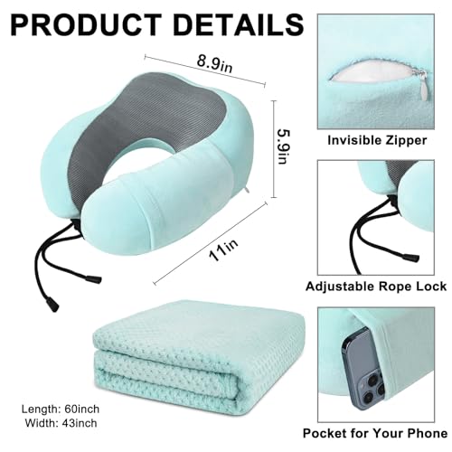 urnexttour Travel Pillow and Blanket Set Neck Pillow Airplane Foam Mint - color: B-blue Green