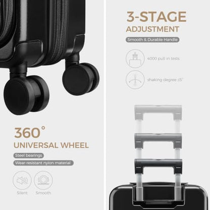 Carry on Luggage Top opening Suitcases, Expandable with Cup Holder and USB Charging Port,Lightweight with Front Pocket Rolling Suitcases with Spinner Wheels - color: Dark Black