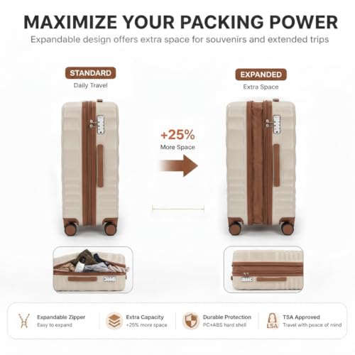 Rosamo 6-Piece Hard Shell Expandable Luggage Set, Airline Approved Carry-On - color: Beige