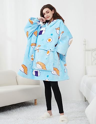 KFUBUO Wearable Blanket Hoodie for Adults With Pocket Sushi Hoodie - color: Blue Sushi, size: Adult