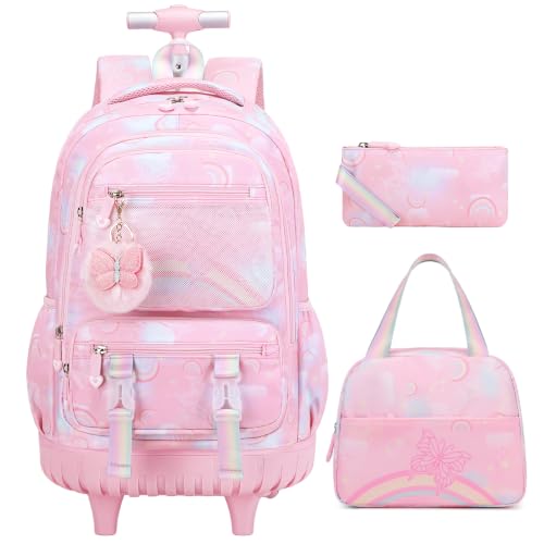 3PCS Rainbow Butterfly Rolling Backpack for Girls with Lunch Box (Pink) - color: Pink