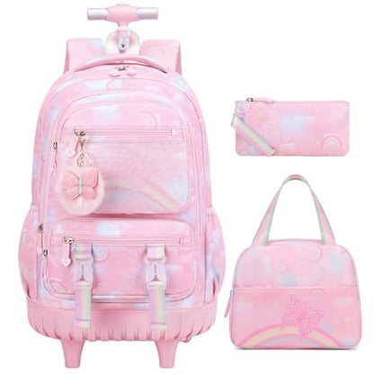 3PCS Rainbow Butterfly Rolling Backpack for Girls with Lunch Box (Pink) - color: Pink