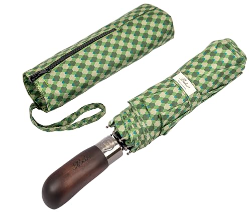 Balios Folding Umbrella Real Wood Handle Auto Open Close - color: Kimono Olive Night