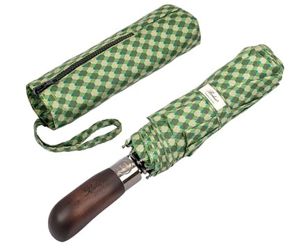 Balios Folding Umbrella Real Wood Handle Auto Open Close - color: Kimono Olive Night