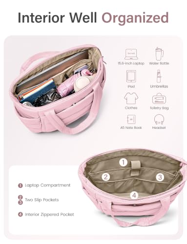 Uselike Tote Bag for Women with Zipper, Quilted Puffer Tote Bag with Compartments, Lightweight Puffy Work Bags for Women - color: Light Pink