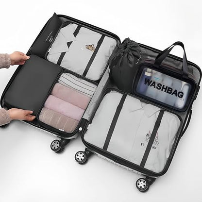 Travel packing cube 7 Piece Set, Suitcase Organizer Luggage Cubes with Wash Bag, suitcase organizer, Multi-Purpose Dispenser Bags (Black) - color: Black