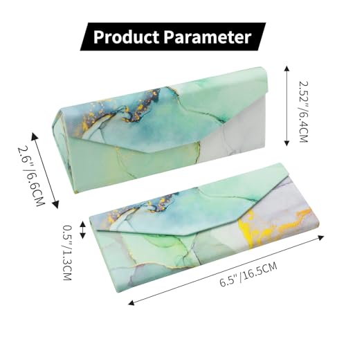 Foldable Glasses Case, Magnetic PU Leahter Sunglasses Case, Cute Hard Shell Folding Eyeglass Cases for Women Kids - color: Green+gold Marble