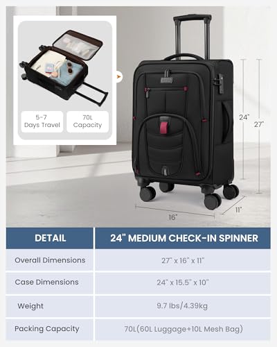 LOVEVOOK 24 Inch Softside Checked Luggage with TSA Lock for Business Trip - color: Black, size: 24 Inch - Checked-Medium