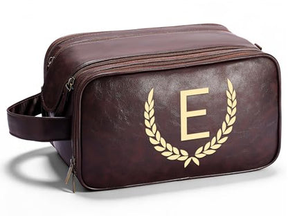 OXYEFEI Personalized Gifts for Men, Personalized Large Toiletry Bag for Men,Custom PU Leather Waterproof Mens Toiletry Travel with Initial Essential Dopp Kit Shaving Bag (E, Tea Brown) - color: Tea Brown, style: E