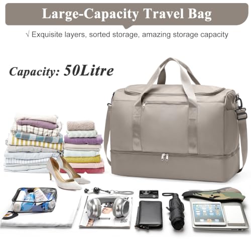 Travel Duffle Bag with Shoes Compartment,Carry-On Weekender Bags for Women - color: Camel, size: Large