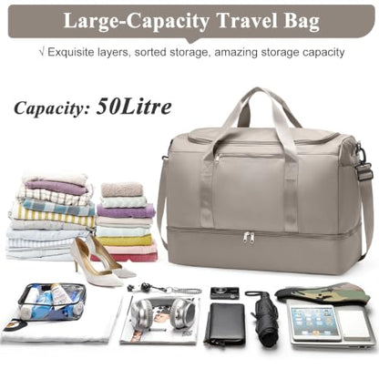 Travel Duffle Bag with Shoes Compartment,Carry-On Weekender Bags for Women - color: Camel, size: Large