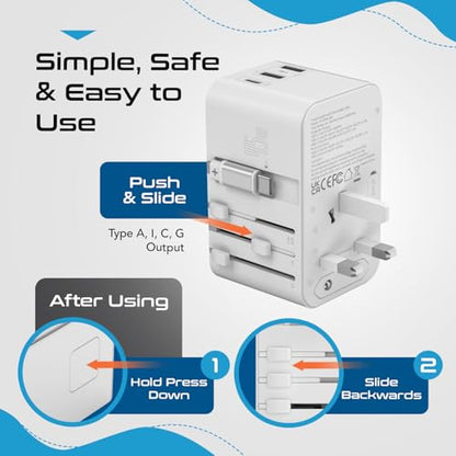 Ceptics 45W Universal Adapter, USB-C Cable, 3 USB Ports & Universal Input - color: White/Silver