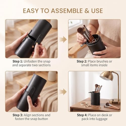 erioctry Black Makeup Brush Case Holder Portable PU Leather Cosmetic Brush Organizer & Storage Roll-up Case for Travel 23 x 8 cm with Snap Closure