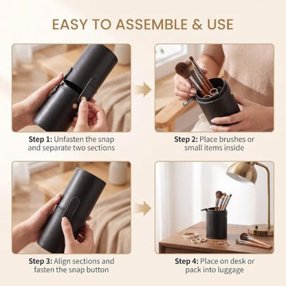 erioctry Black Makeup Brush Case Holder Portable PU Leather Cosmetic Brush Organizer & Storage Roll-up Case for Travel 23 x 8 cm with Snap Closure