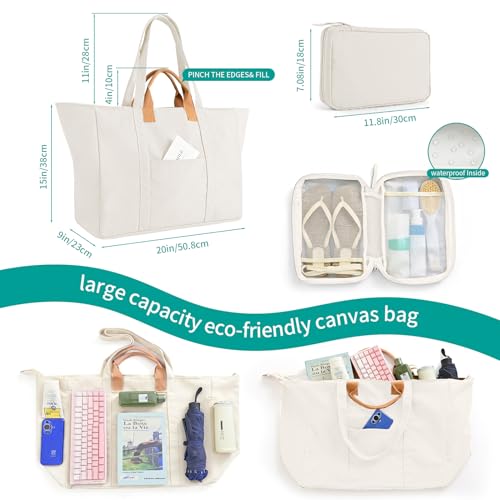 20" 12 Gal Extra Large Canvas Travel Tote Bag with Zipper - color: Beige