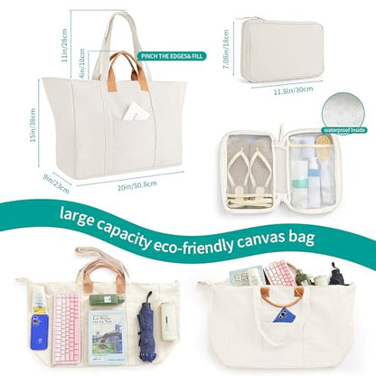20" 12 Gal Extra Large Canvas Travel Tote Bag with Zipper - color: Beige