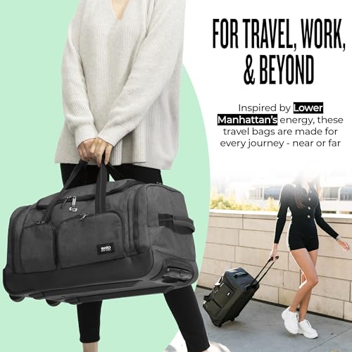 Solo New York Rolling Duffle Bag with Wheels - Wheeled Carry On Luggage for Travel, Roller Duffel for Men & Women, Telescoping Handle System, Separate Shoe & Laundry Compartment - Leroy, Gray - color: Grey