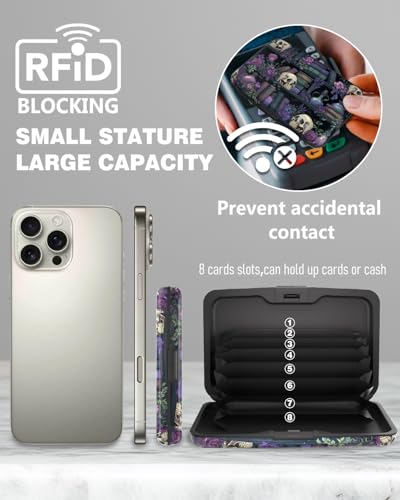 Maicican Credit Card Holder, Mini RFID Blocking Aluminum Wallet - color: Purple Flowers and Skulls