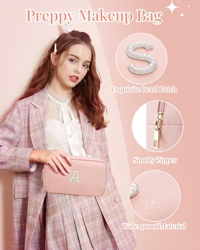 VLANDO Small Make Up Bag with Pearl Monogram Patch,Pink L - color: 03-Pink-L
