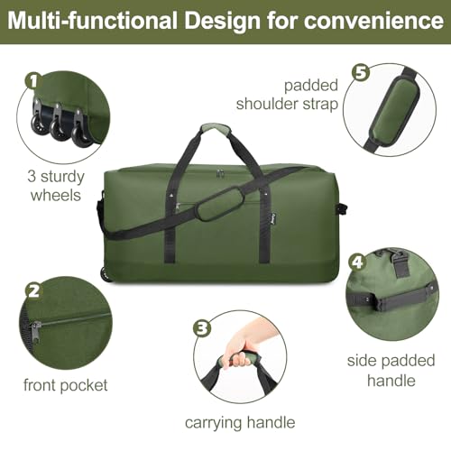 Finnhomy 120L Foldable Rolling Duffel Bag with 3 Wheels, Light Weight Travel Duffel bag with Large Loading Capacity, 32'' Rolling Duffel bag with Shoulder Strap - color: Green
