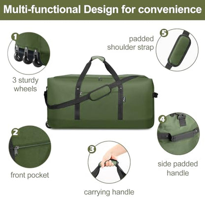 Finnhomy 120L Foldable Rolling Duffel Bag with 3 Wheels, Light Weight Travel Duffel bag with Large Loading Capacity, 32'' Rolling Duffel bag with Shoulder Strap - color: Green