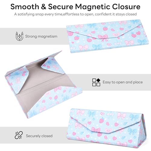 Sunglasses Case, Foldable Glasses Case, Magnetic PU Leather Hard Shell Folding Eyeglass Holder Box - color: Strawberry