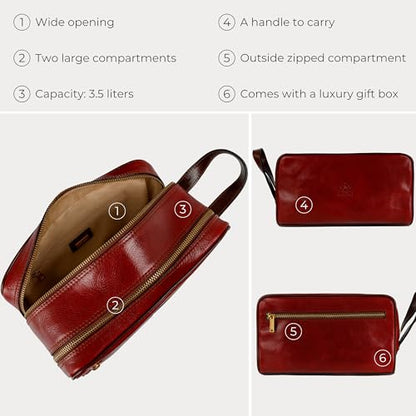 Time Resistance Leather Cosmetic Bag - Italian Toiletry Dopp Kit (Red) - color: Red