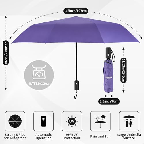 Yoobure Windproof Automatic Travel Umbrella, Compact Folding UV Sun & Rain - color: Auto-Purple