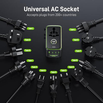 Epicka Pulse Duo 140W Universal Travel Adapter PD 3.1, 2AC/3USB-C/1USB-A - style: Pulse Duo 140W with Smart Display