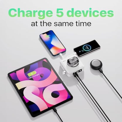 PWRMobile PWR Travel PRO 5-in-1 보조 배터리 - 내장 케이블 포함 10,000mAh - 20W USB-C + 15W 무선 충전 - 아이폰 및 안드로이드용 컴팩트 휴대용 충전기 - 화이트 - color: 화이트.