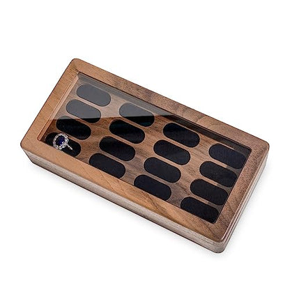 Luxury Solid Wood Ring Box with Glass Window Storage 16 Ring Holes - color: 16 Slots