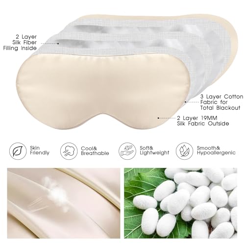 100% Mulberry Silk Eye Mask for Sleeping with Silk Wrapped Adjustable Strap,Beige - color: Beige