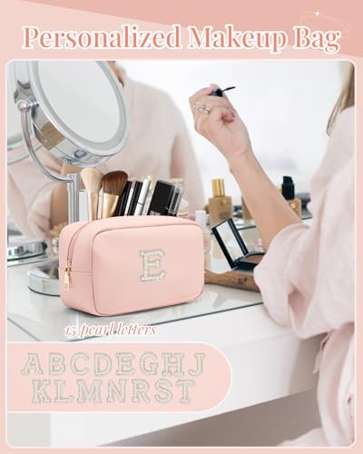 VLANDO Small Travel Cosmetic Bag with Pearl Monogram Patch,Pink E - color: 03-Pink-E