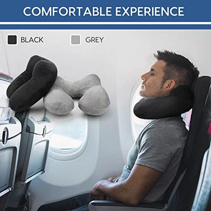Inflatable Travel Pillow for Airplane Inflatable Neck Pillow for Traveling with Soft Velvet Washable Cover for Sleeping, Airplane,Train, Car, Office, Contoured Eye Masks, Earplugs - color: Black