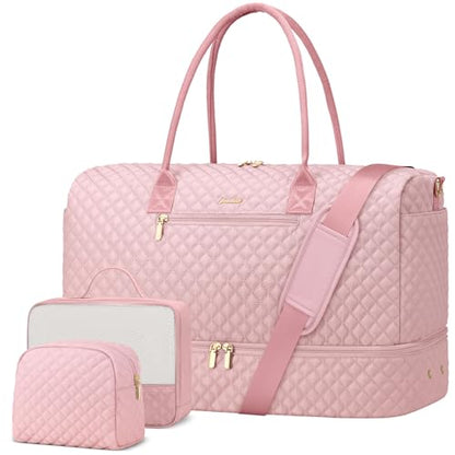 Travel Weekender Carry-on Bags for Women: Duffel Bag with Shoe Compartment - color: 1-Pink, size: 40L-3Pcs Set