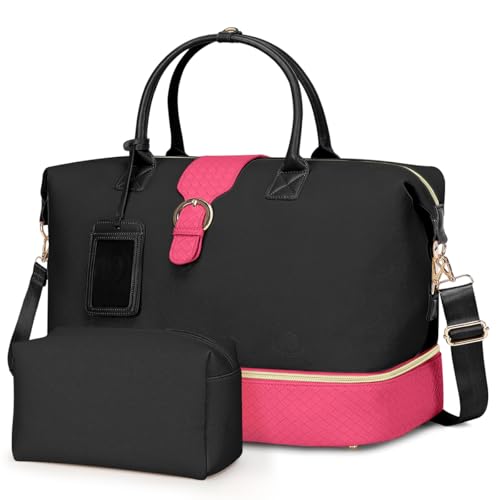 Leather Weekender Bags for Women, Travel Duffel Bag PU Overnight Bag Carry On Tote Bag with Shoe Compartment Wet Pocket - color: Black Pink, size: Large