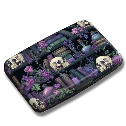 Maicican Credit Card Holder, Mini RFID Blocking Aluminum Wallet - color: Purple Flowers and Skulls