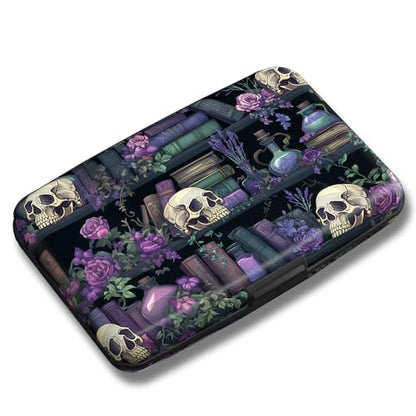 Maicican Credit Card Holder, Mini RFID Blocking Aluminum Wallet - color: Purple Flowers and Skulls